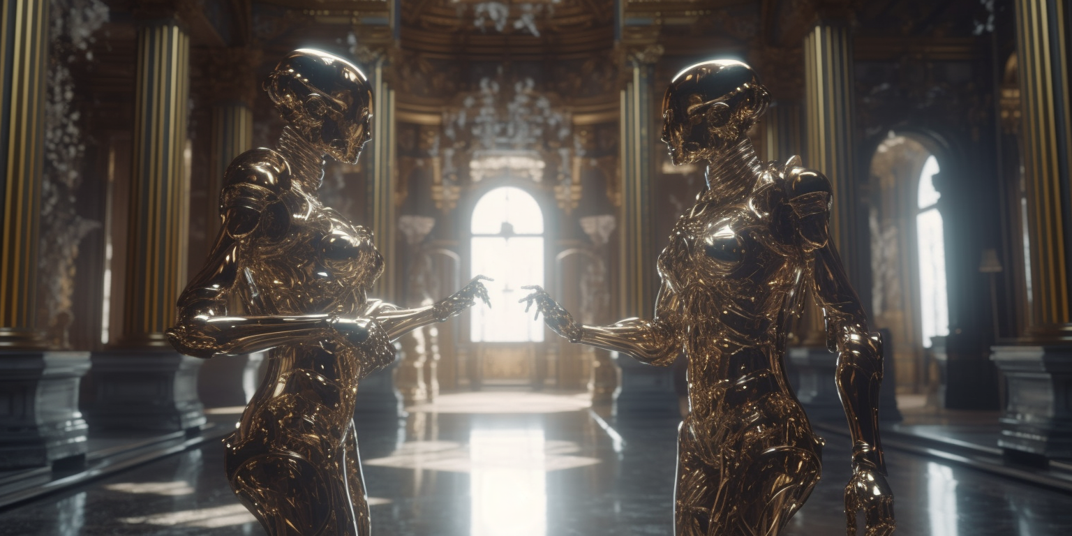 提示词：In a magnificent palace made of silver, gold color metal, a group of long body and human like robots are gathering together. Two of them are interfacing with their index fingers touched and amazing lights shining out of them. unreal engine 5, ultra realistic --q 2 --v 5 --ar 2:1